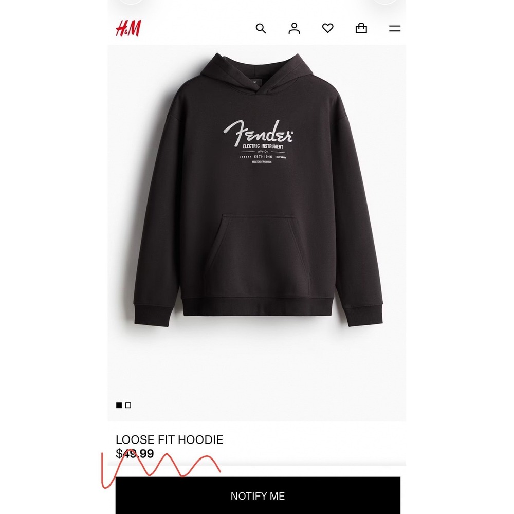 H&M Fender Graphic Hoodie Charcoal Pullover Heavyweight Grunge Streetwear Sz M